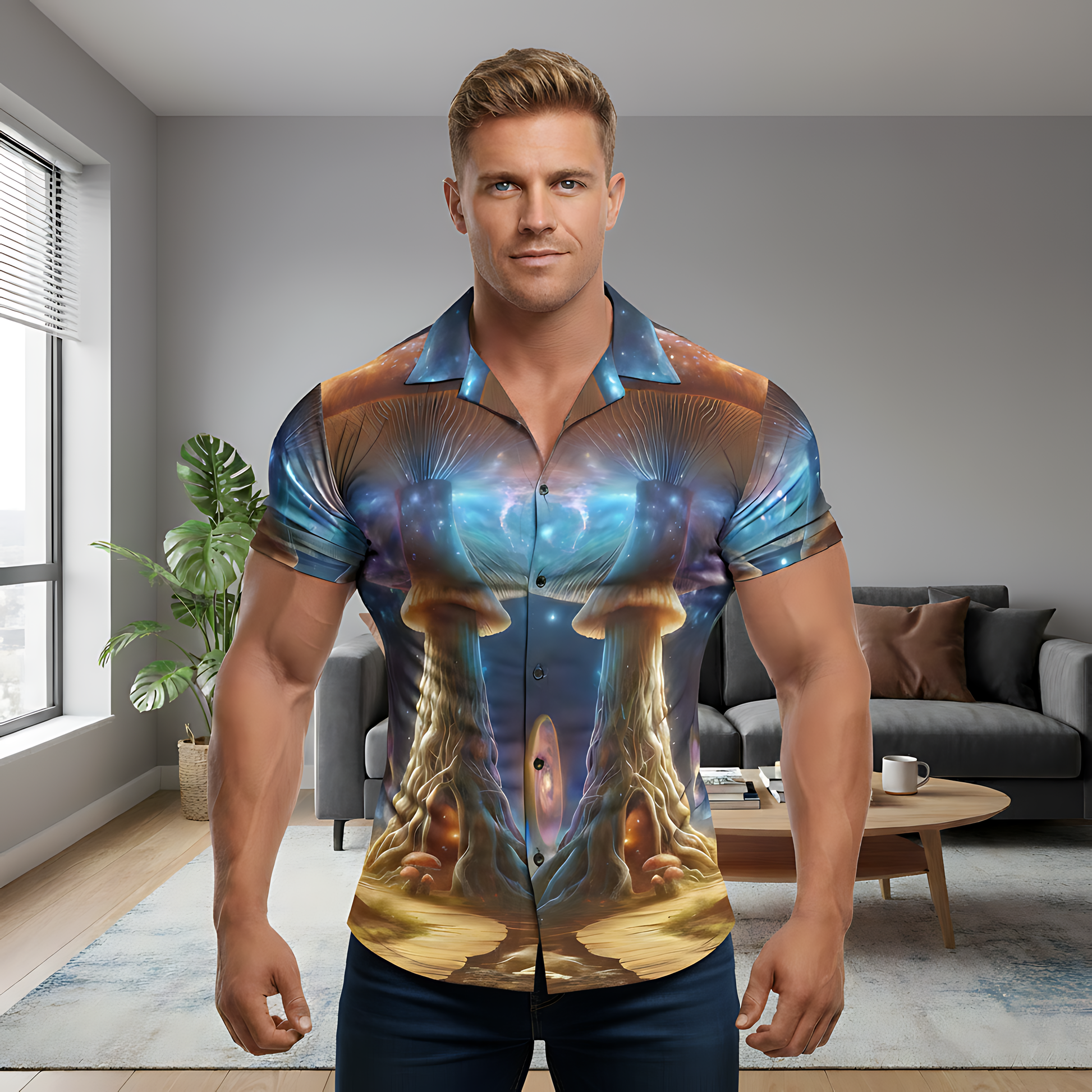 Man wearing a colorful mushroom shirt in a living room