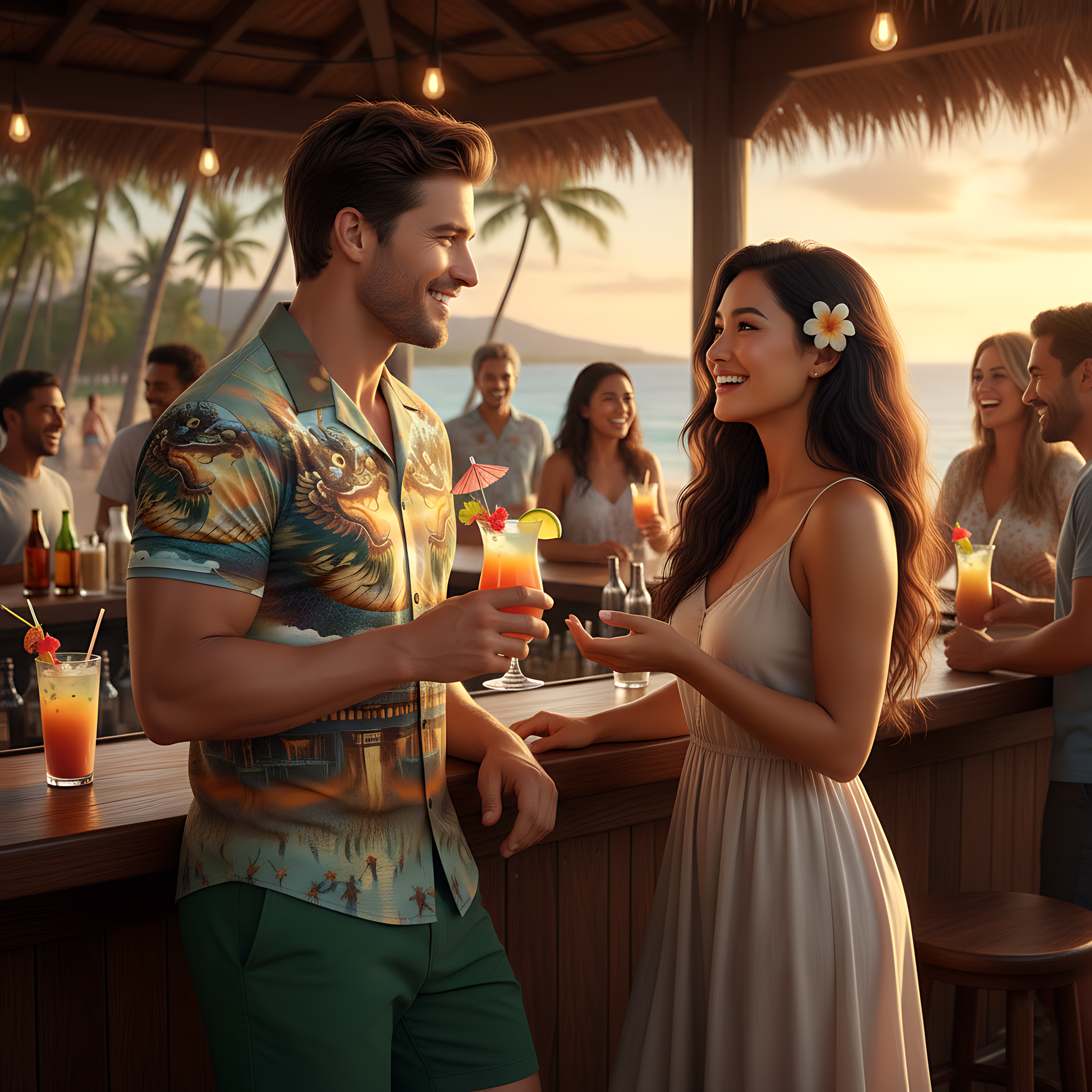 Man and woman at a tropical bar with drinks, sunset in the background